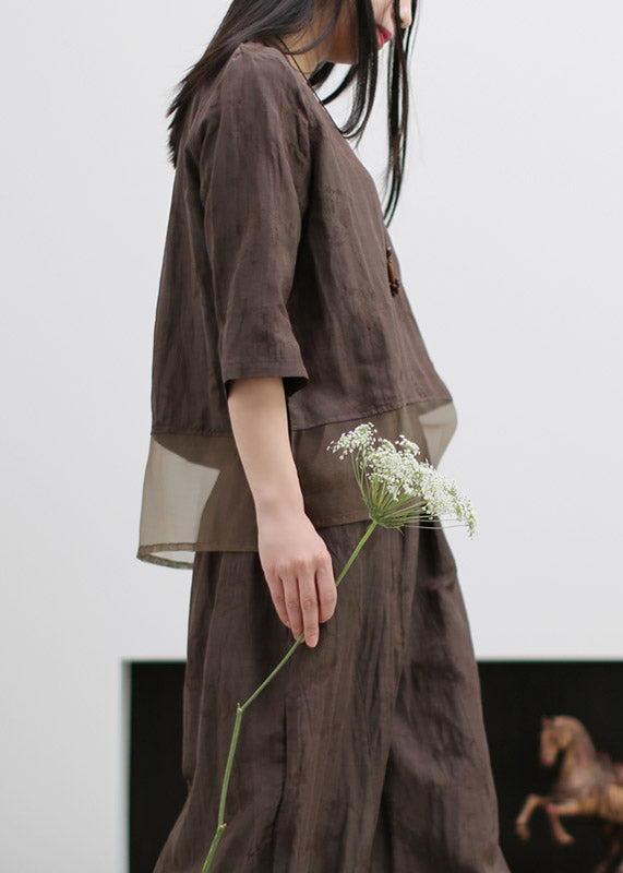 Casual Coffee O-Neck Silk Patchwork Linen Shirts And Wide Leg Pants Two Pieces Set Spring