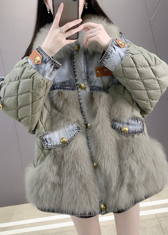Green Denim Patchwork Button Faux Fur Coats Winter