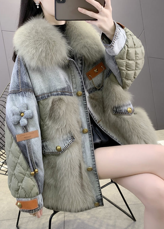 Green Denim Patchwork Button Faux Fur Coats Winter