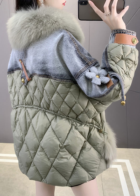 Green Denim Patchwork Button Faux Fur Coats Winter