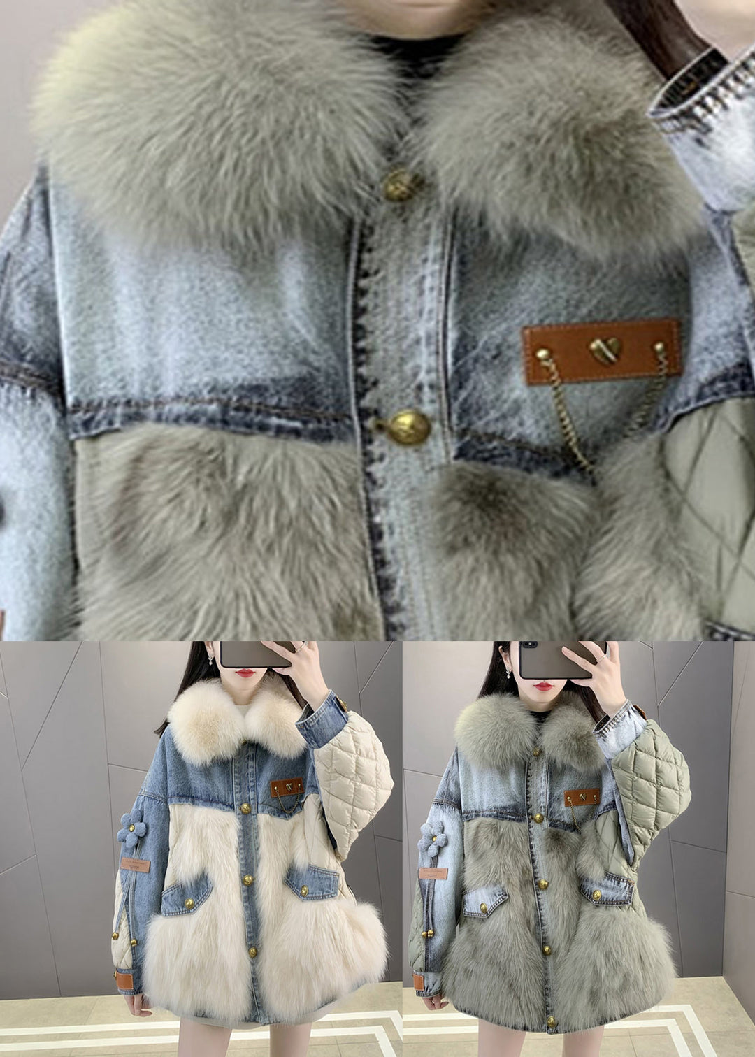 Green Denim Patchwork Button Faux Fur Coats Winter