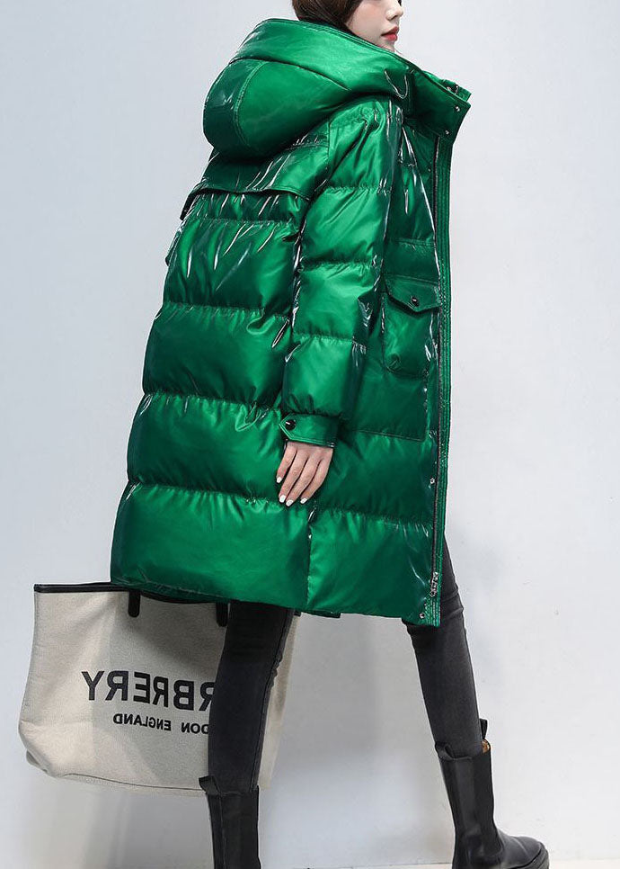 Casual Green Hooded Oversized Pockets Jacket Winter