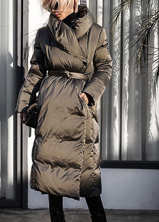 Casual Green Loose Thick tie waist Winter Duck Down down coat - Omychic