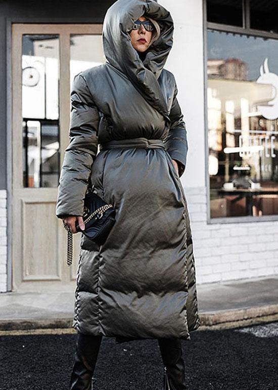 Casual Green Loose Thick tie waist Winter Duck Down down coat - Omychic