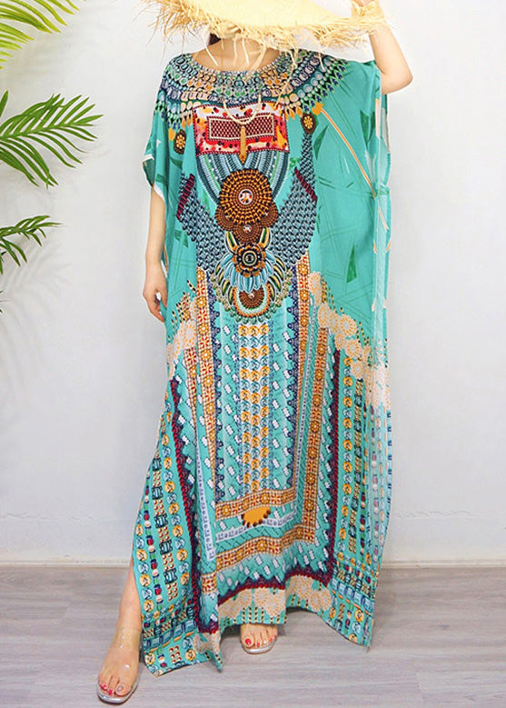 Casual Green O-Neck Print Side Open Silk Beach Long Dress Short Sleeve