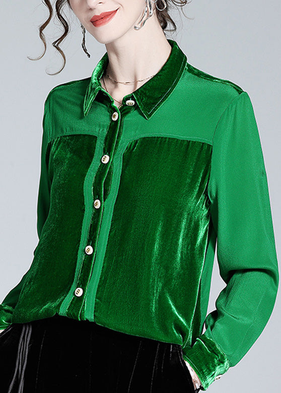 Casual Green Peter Pan Collar Patchwork Button Silk Shirt Long Sleeve