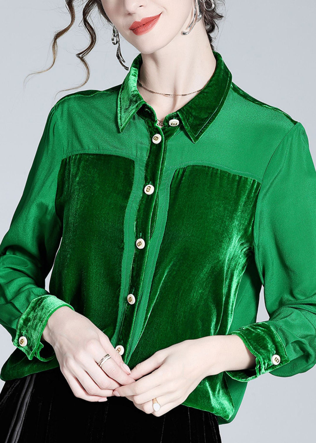Casual Green Peter Pan Collar Patchwork Button Silk Shirt Long Sleeve