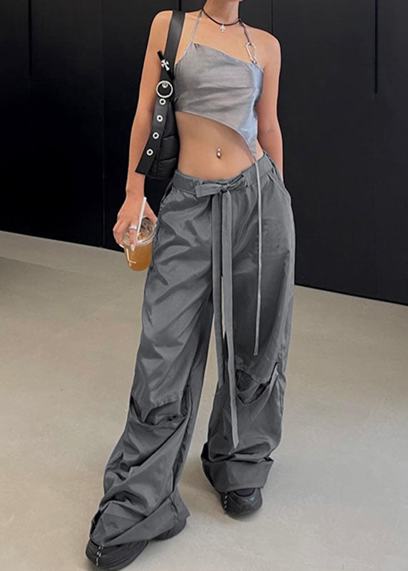 Casual Grey Pockets Tie Waist Patchwork Cotton Overalls Pants Summer