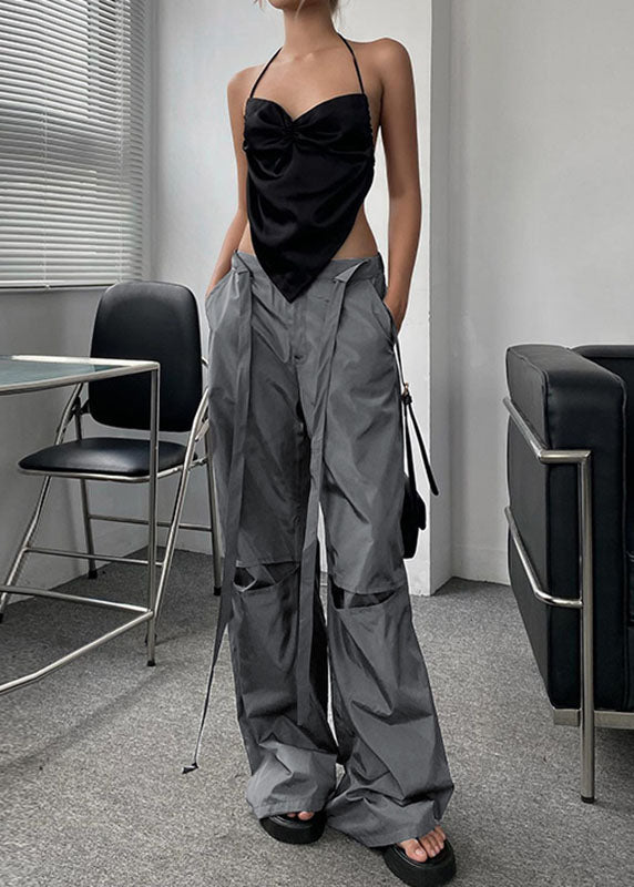Casual Grey Pockets Tie Waist Patchwork Cotton Overalls Pants Summer