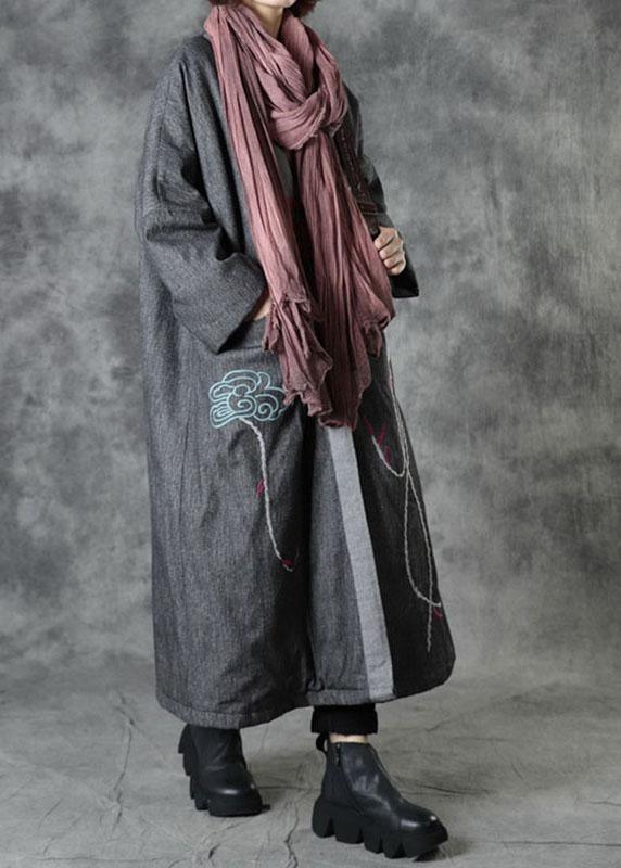 Casual Grey V Neck Embroideried Pockets Winter Cotton Coats Long Sleeve - Omychic