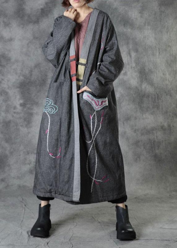 Casual Grey V Neck Embroideried Pockets Winter Cotton Coats Long Sleeve - Omychic