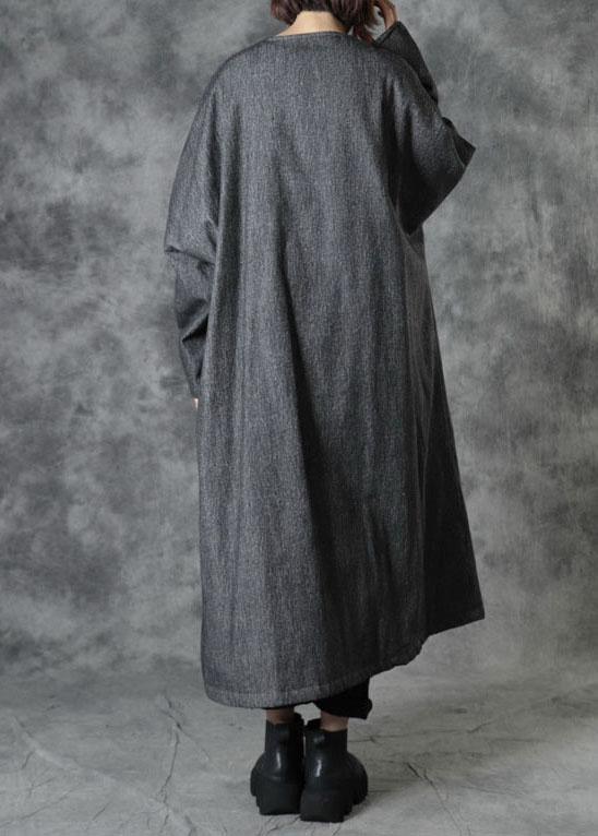 Casual Grey V Neck Embroideried Pockets Winter Cotton Coats Long Sleeve - Omychic