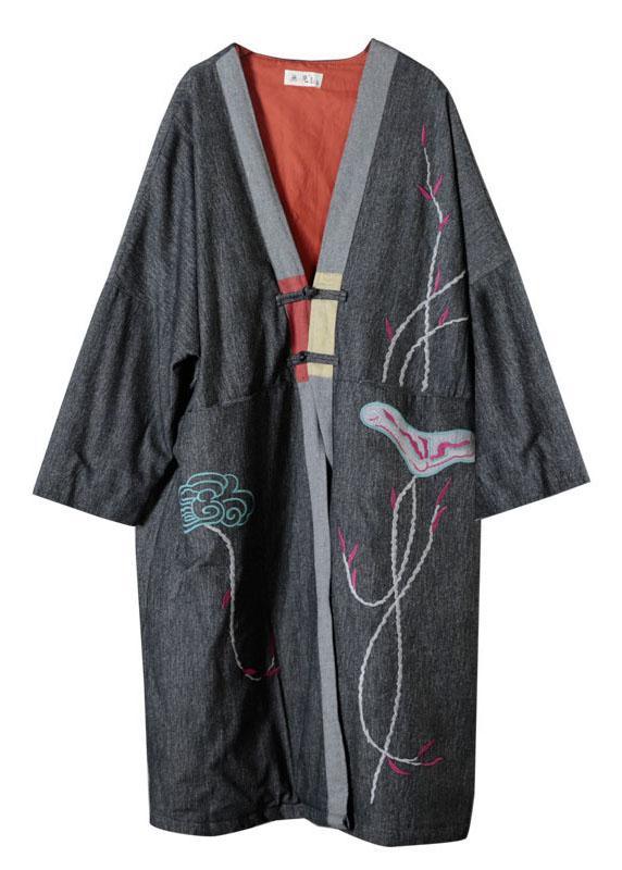 Casual Grey V Neck Embroideried Pockets Winter Cotton Coats Long Sleeve - Omychic