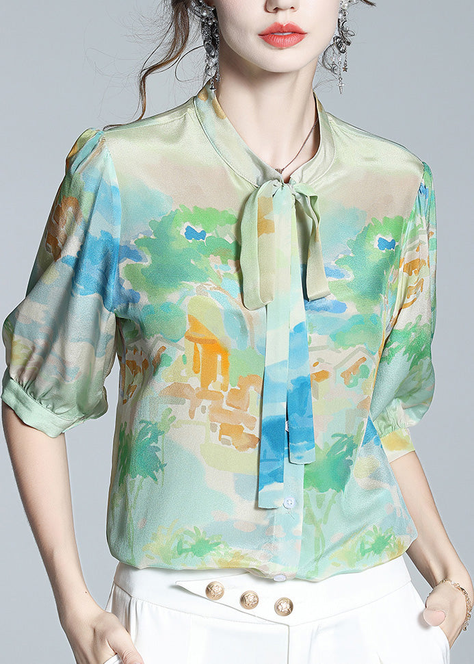 Casual Light Green V Neck Print Bow Button Silk Shirt Short Sleeve