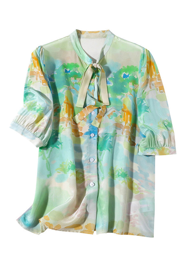 Casual Light Green V Neck Print Bow Button Silk Shirt Short Sleeve