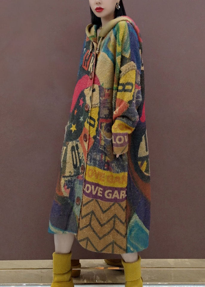Casual Print Button Maxi Knitted Cotton Thread Hooded Sweater Coat Fall