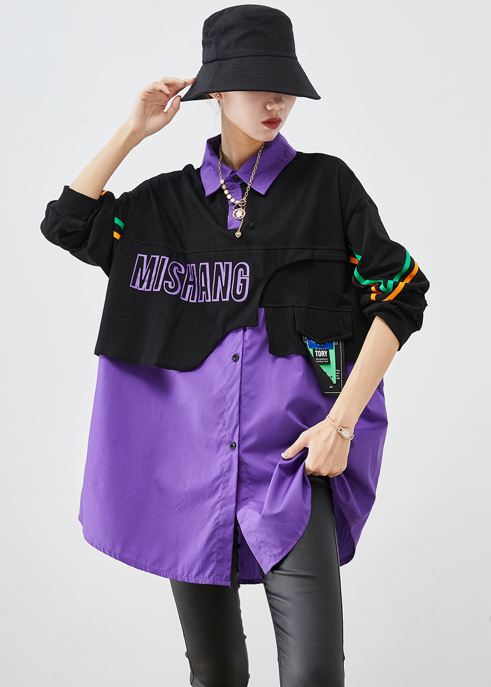 Casual Purple Oversized Patchwork Cotton Fake Two Piece Sweatshirts Top Fall