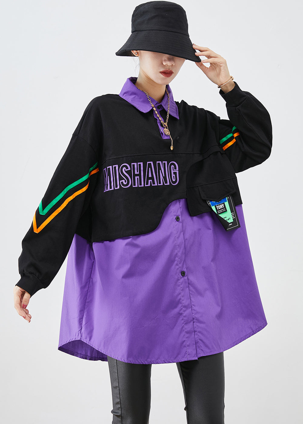 Casual Purple Oversized Patchwork Cotton Fake Two Piece Sweatshirts Top Fall