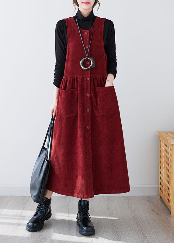 Casual Red O Neck Patchwork Pockets Corduroy Maxi Dress Winter