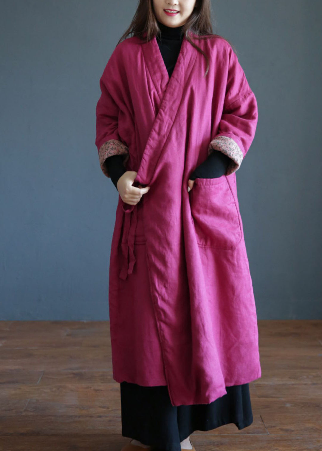 Casual Rose V Neck Pockets Side Open Fine Cotton Filled Coat Winter