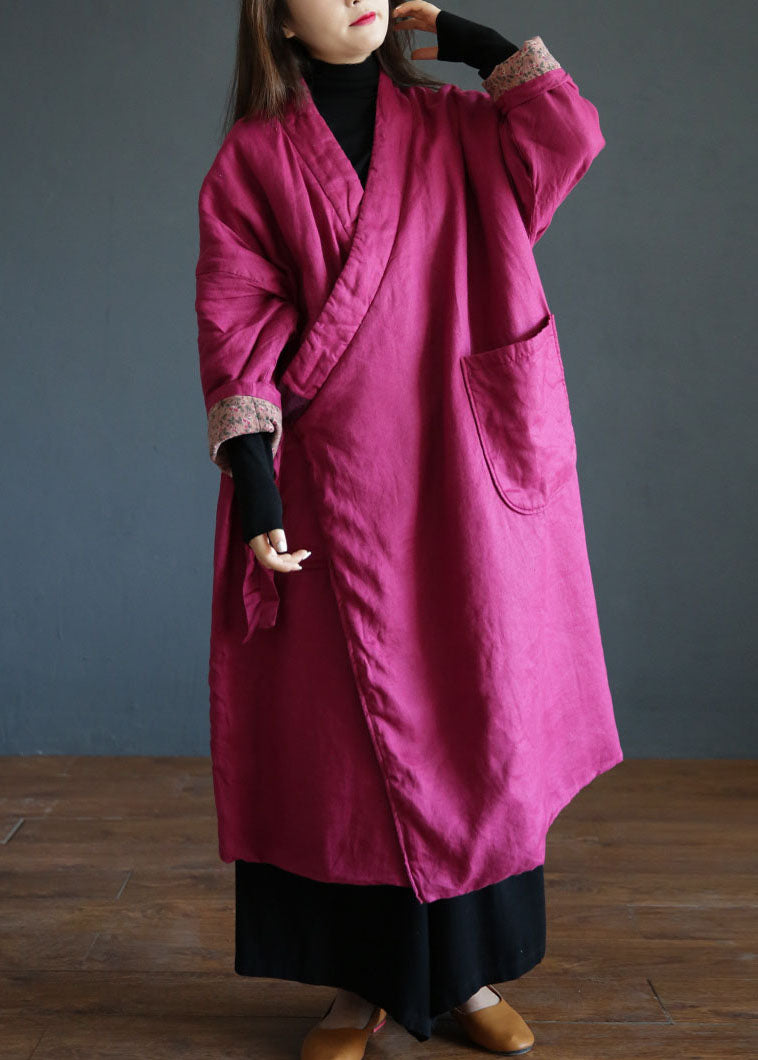 Casual Rose V Neck Pockets Side Open Fine Cotton Filled Coat Winter