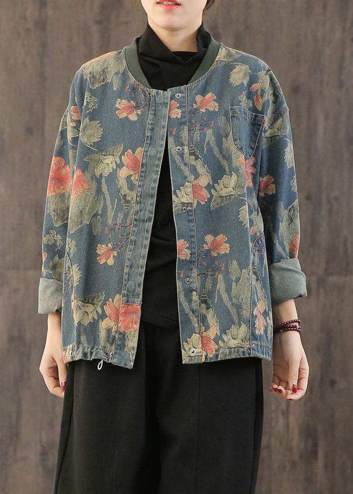 Casual Retro Print Button Fall Denim Coat
