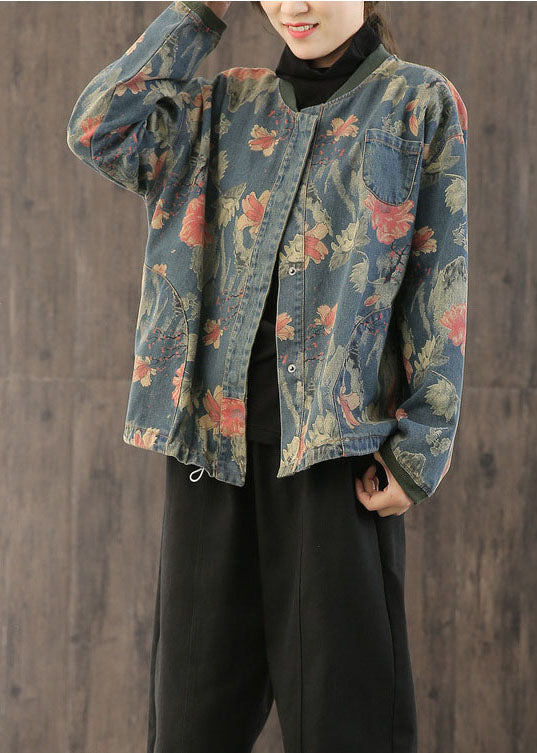 Casual Retro Print Button Fall Denim Coat
