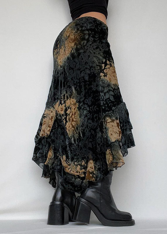 Chic Black Asymmetrical Print Ruffled Patchwork Silk Velour Skirt