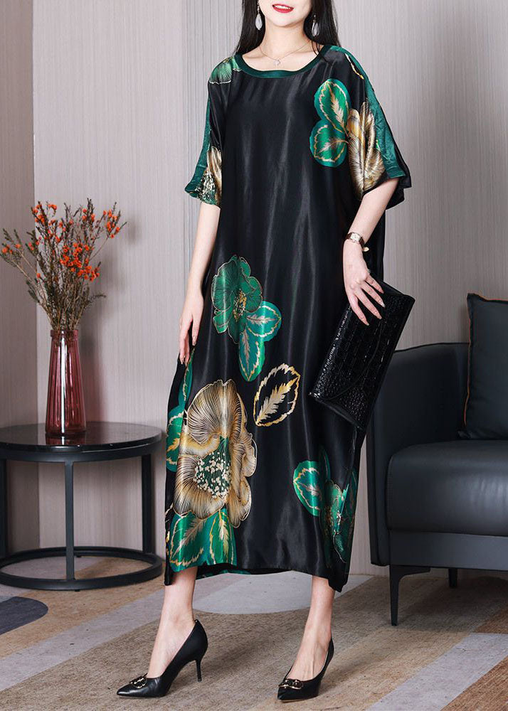 Chic Black O Neck Print Loose Silk Dresses Short Sleeve