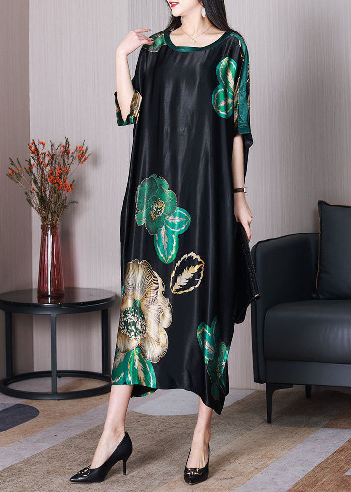 Chic Black O Neck Print Loose Silk Dresses Short Sleeve