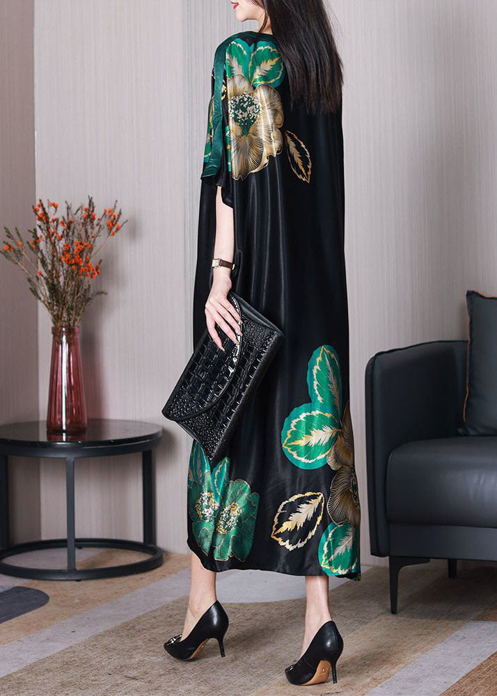 Chic Black O Neck Print Loose Silk Dresses Short Sleeve