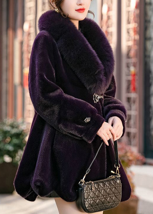 Chic Dull Purple Fur Collar Warm Mink Velvet Coat Winter