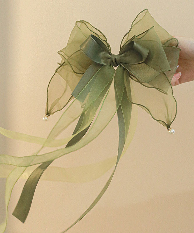 Chic Green Tulle Patchwork Silk Blended Pearl Bow Hairpin