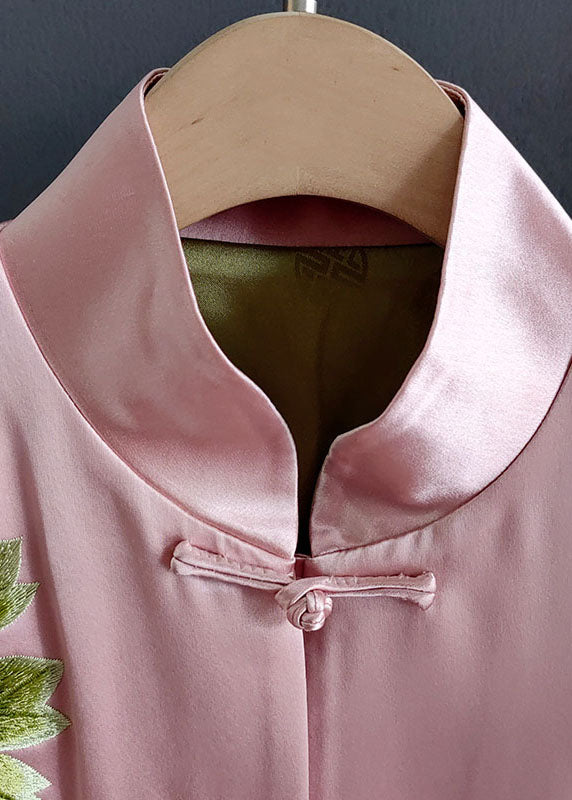 Chic Pink Print Chinese Button Patchwork Silk Coat Spring