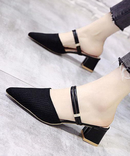 Chic Pointed Toe Splicing Chunky Slide Sandals Black Knit Fabric