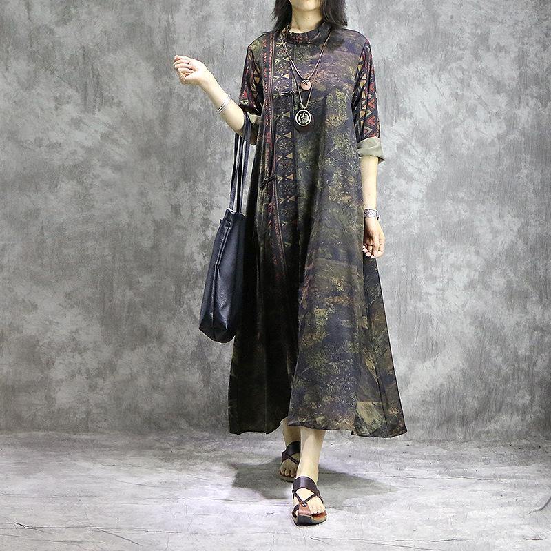 Chinese Button silk clothes Women 18th Century Outfits green prints loose Dress summer - Omychic
