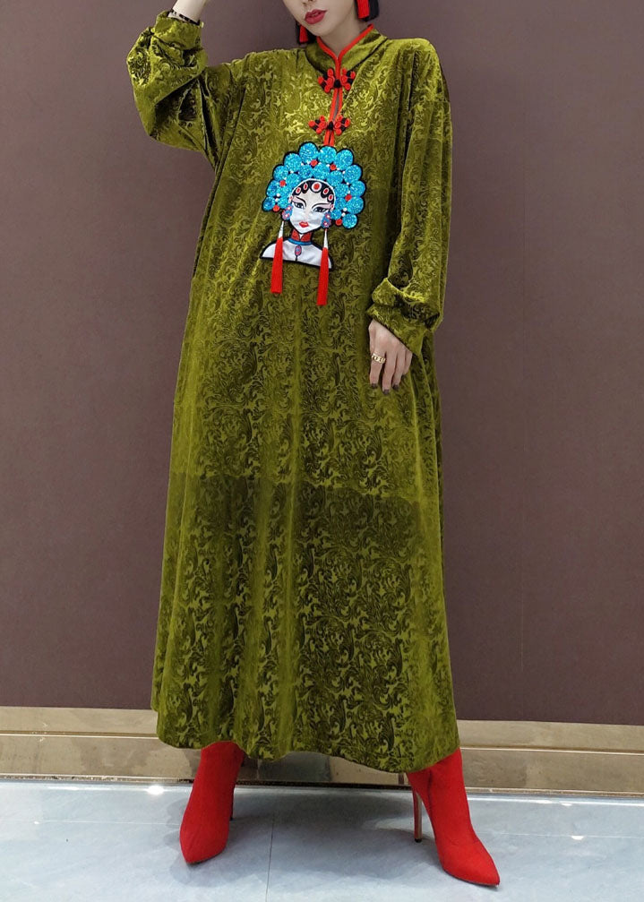 Chinese Style Black Stand Collar Embroideried Silk Velour Maxi Dresses Long Sleeve
