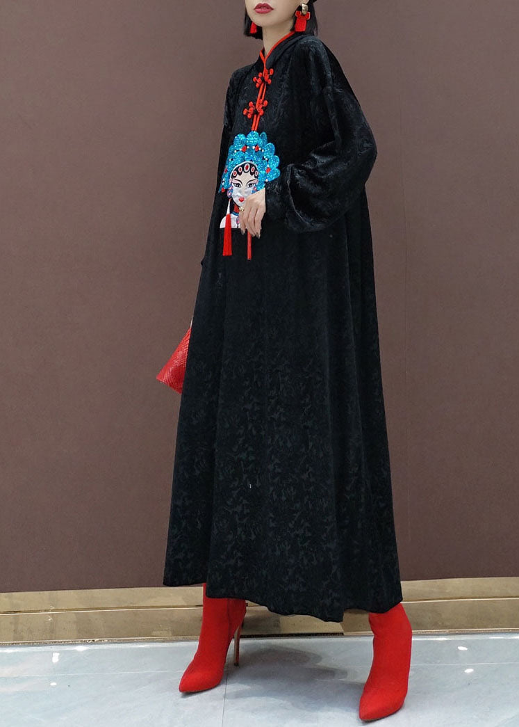 Chinese Style Black Stand Collar Embroideried Silk Velour Maxi Dresses Long Sleeve