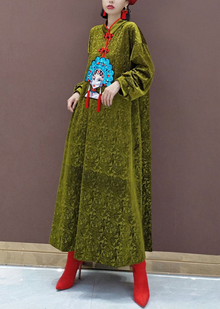 Chinese Style Black Stand Collar Embroideried Silk Velour Maxi Dresses Long Sleeve