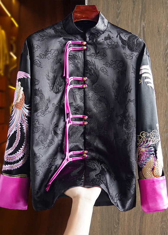 Chinese Style Black Stand Collar Tasseled  Print  Silk Coat Fall