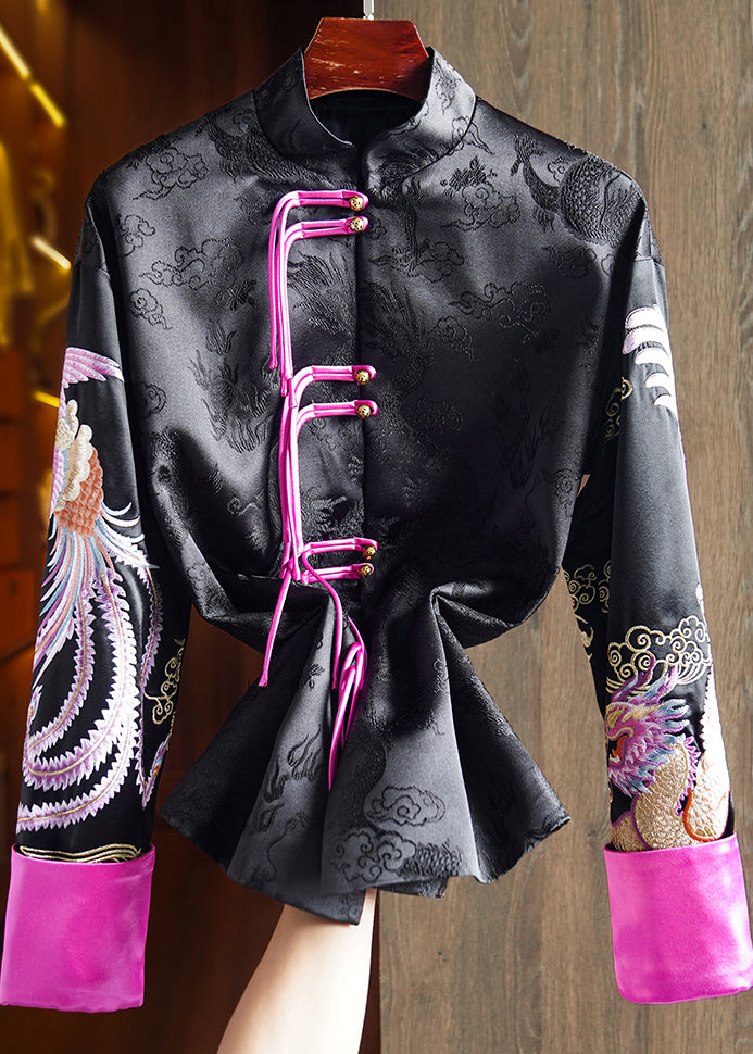 Chinese Style Black Stand Collar Tasseled  Print  Silk Coat Fall