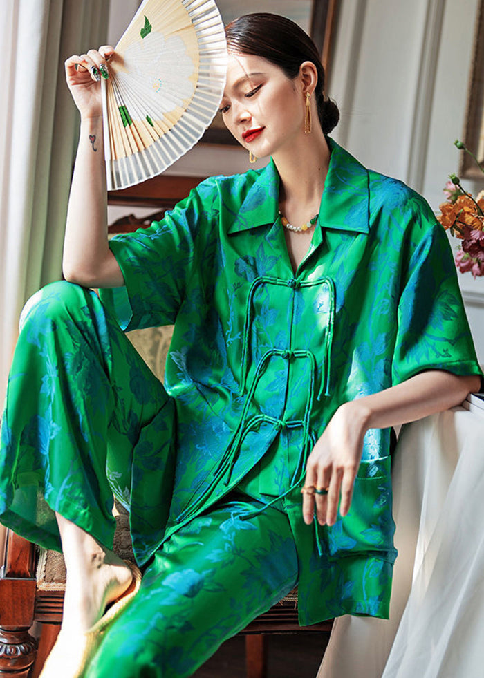 Chinese Style Green Chinese Button Side Open Ice Silk Pajamas Two Piec –  Omychic