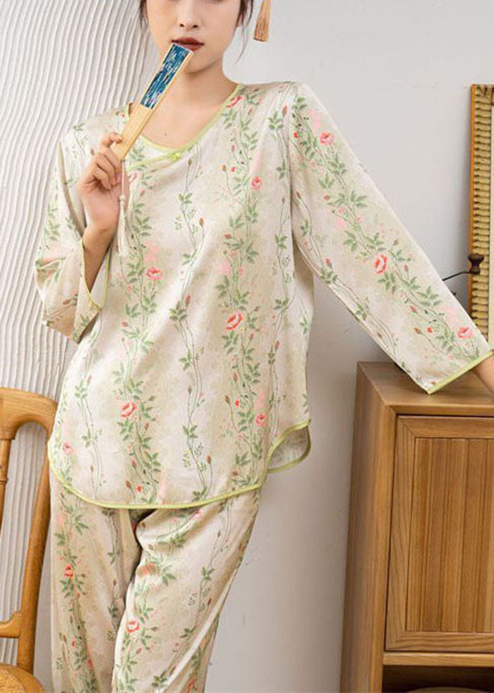 Chinese Style Green Print Ice O-Neck Ice Silk Pajamas Two Pieces
