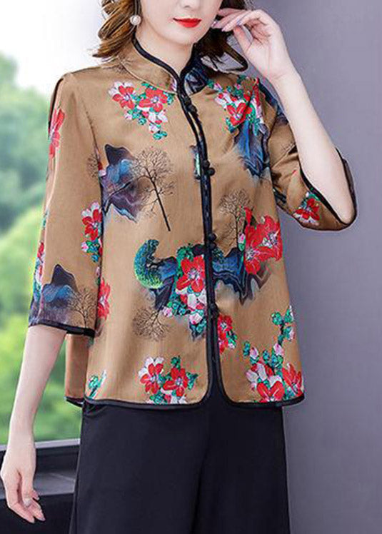 Chinese Style Khaki Stand Collar Print Button Silk Shirts Long Sleeve