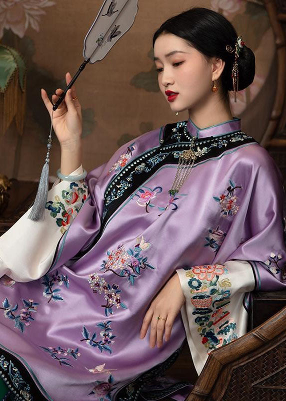 Chinese Style Light Purple Stand Collar Embroidery Silk Tops Bracelet Sleeve