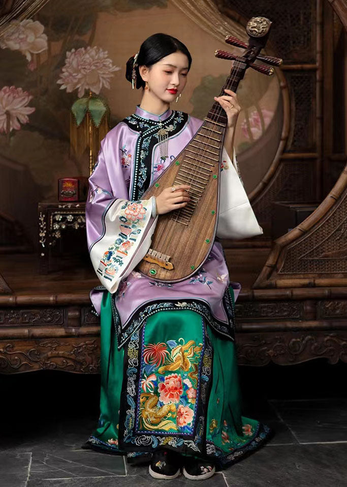 Chinese Style Light Purple Stand Collar Embroidery Silk Tops Bracelet Sleeve