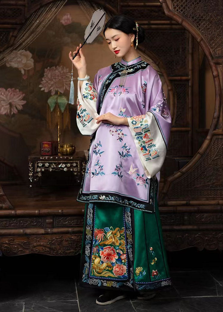 Chinese Style Light Purple Stand Collar Embroidery Silk Tops Bracelet Sleeve