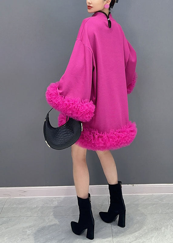 Chinese Style Rose Stand Collar Tulle Patchwork Mid Dress Long Sleeve