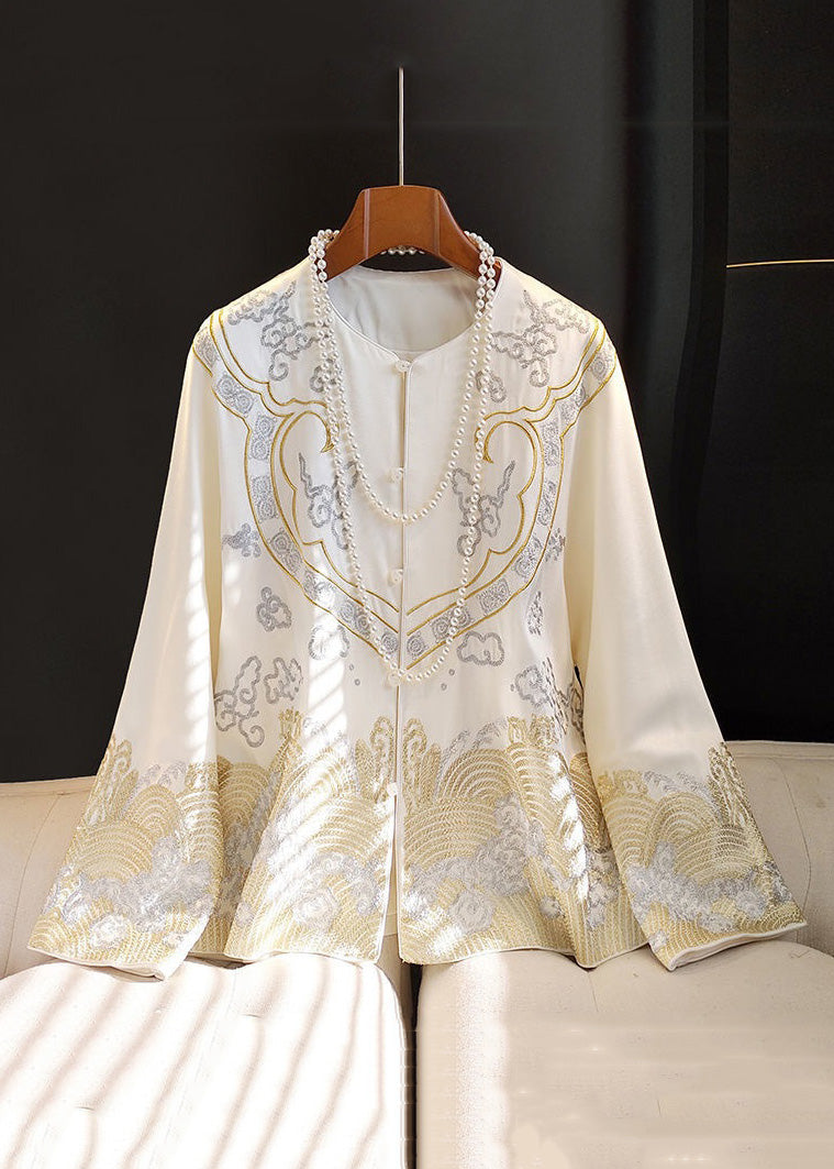 Chinese Style White Print Button Silk Coat Long Sleeve
