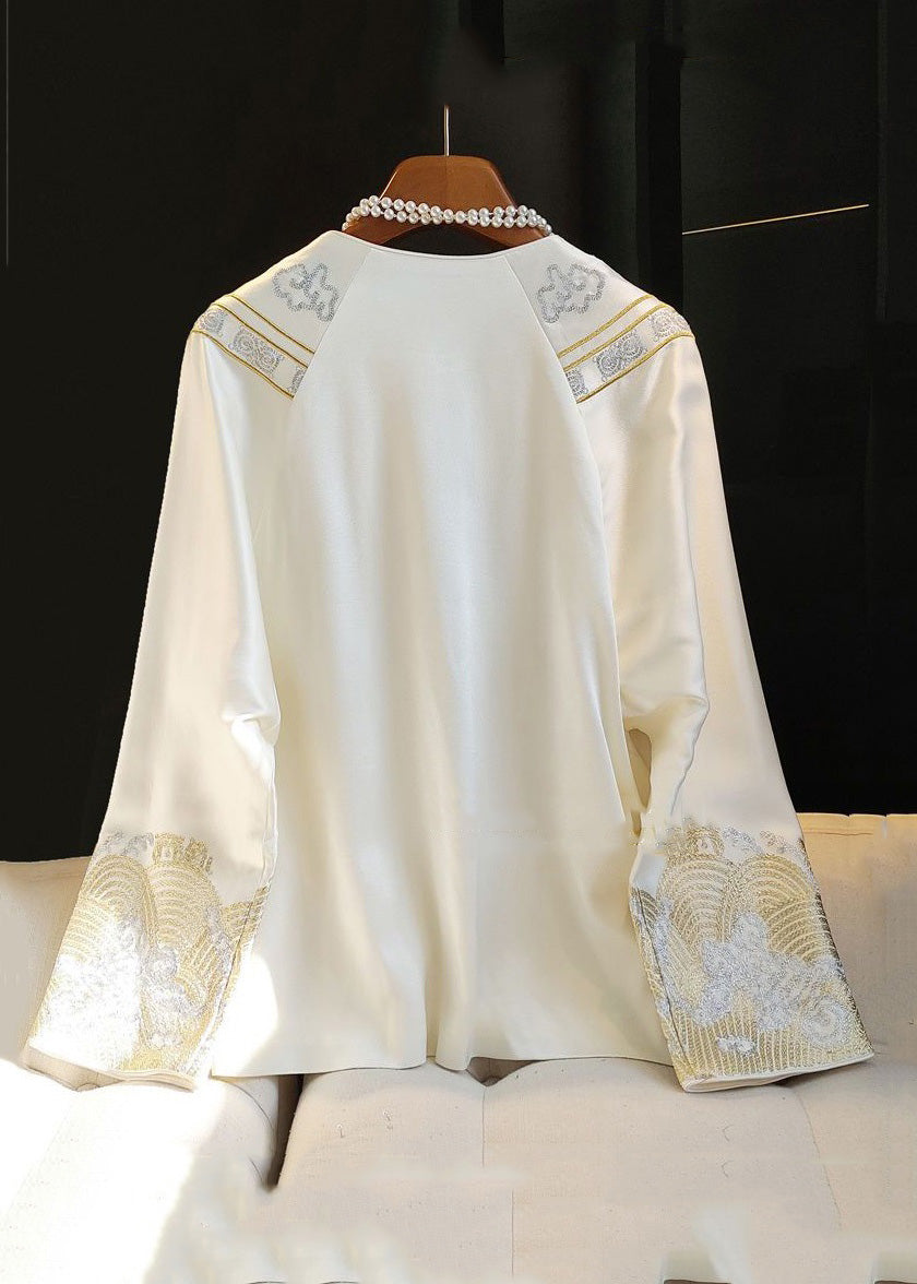 Chinese Style White Print Button Silk Coat Long Sleeve